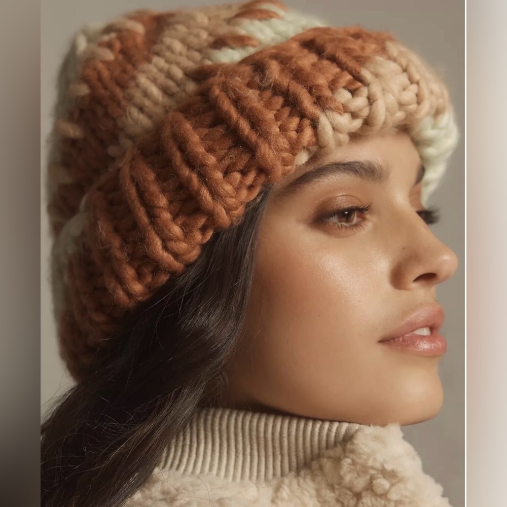 Anthropologie Patchwork Knit Beanie Neutral Chunky Hat Boho Winter.